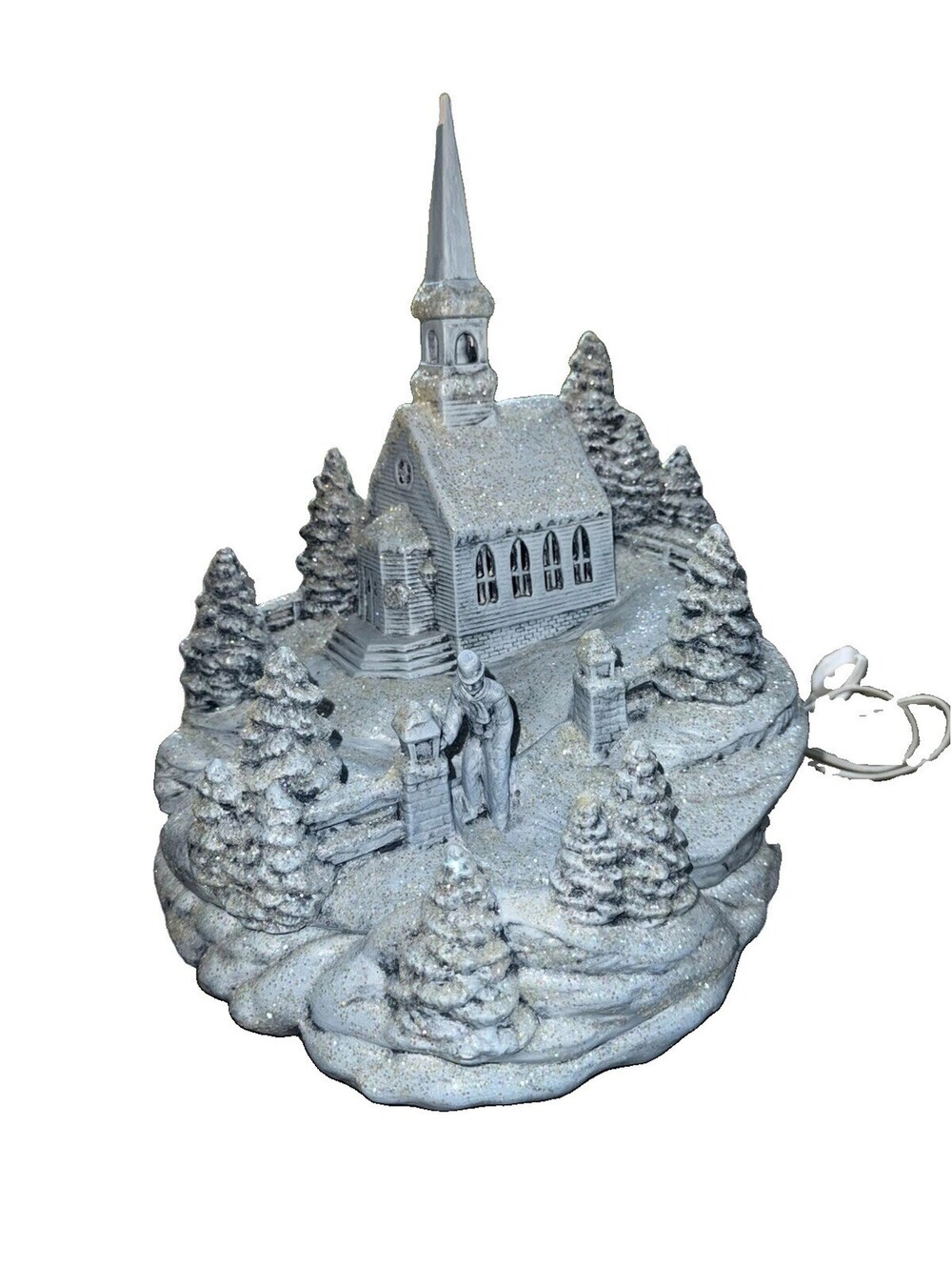 Blue Christmas Scene w/Victorian Church 3 piece Set Lights up Vintage 1980s